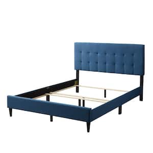 Sue Blue Navy Upholstered and Wood Frame King Platform Bed Box Spring Required