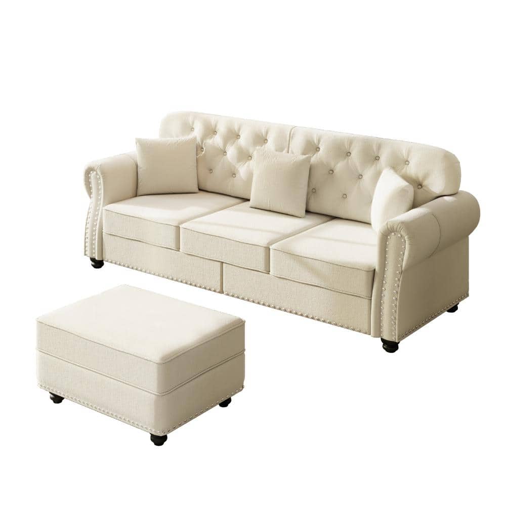 82.6 in Rolled Arm Velvet Mid-Century Modern Chesterfield Button Tufted Sofa with Nailhead Trim in Beige/White price history on PriceWatchPro