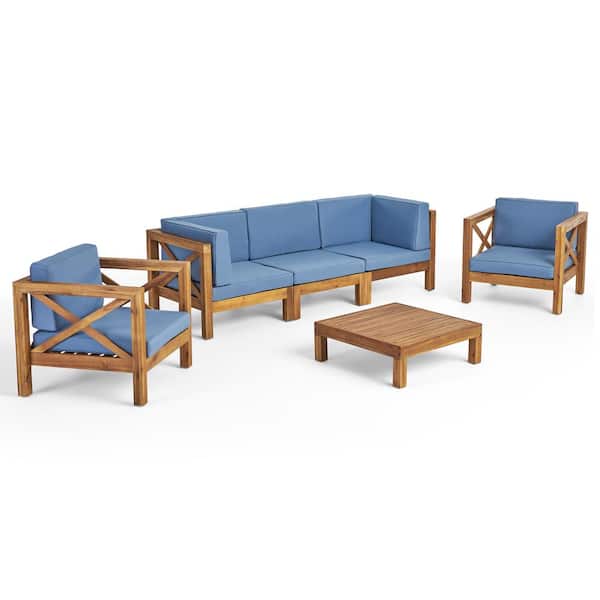 Brava Teak Brown 6-Piece Wood Outdoor Patio Conversation Seating Set with Blue Cushions