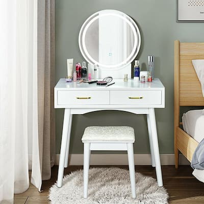 Makeup Mirrored Dressing Table with Cushioned Stool Gift Vanities for Women Girls Bedroom Side Storage and Large Drawer White Giantex Vanity Table Set with Height Adjustable Round Mirror 
