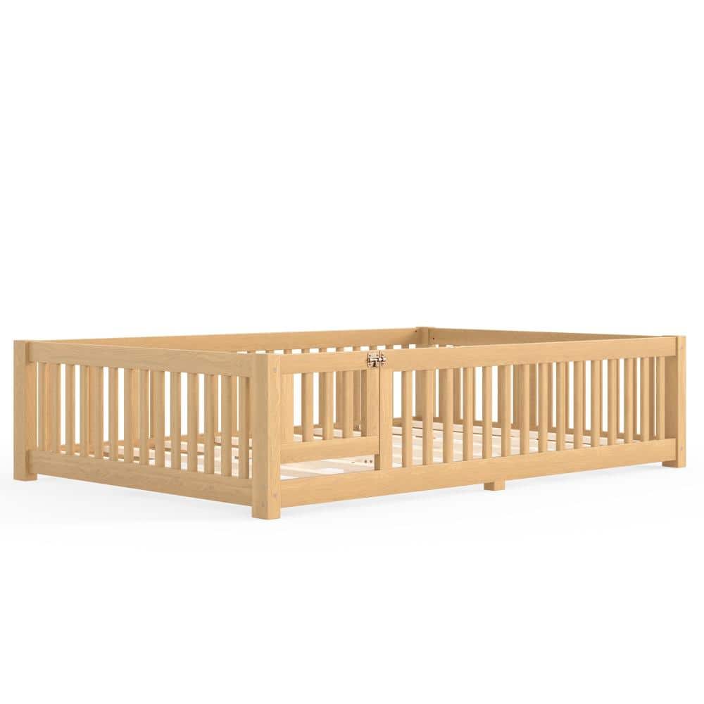 Natural Pine Wood Frame Queen Platform Bed with Safety Guardrails and Door durable construction price history on PriceWatchPro