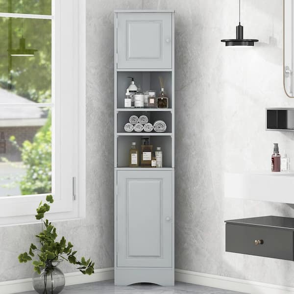 URTR Gray 66.9 in. H Wood Accent Cabinet Corner Cabinet Tall Bathroom Storage Cabinet with Doors and Adjustable Shelves