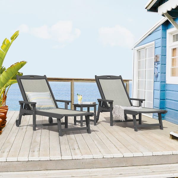 Heidi Dark Gray HDPS Plastic Outdoor Chaise Lounge Chair 5 Adjustable Positions Reclining with Wheels