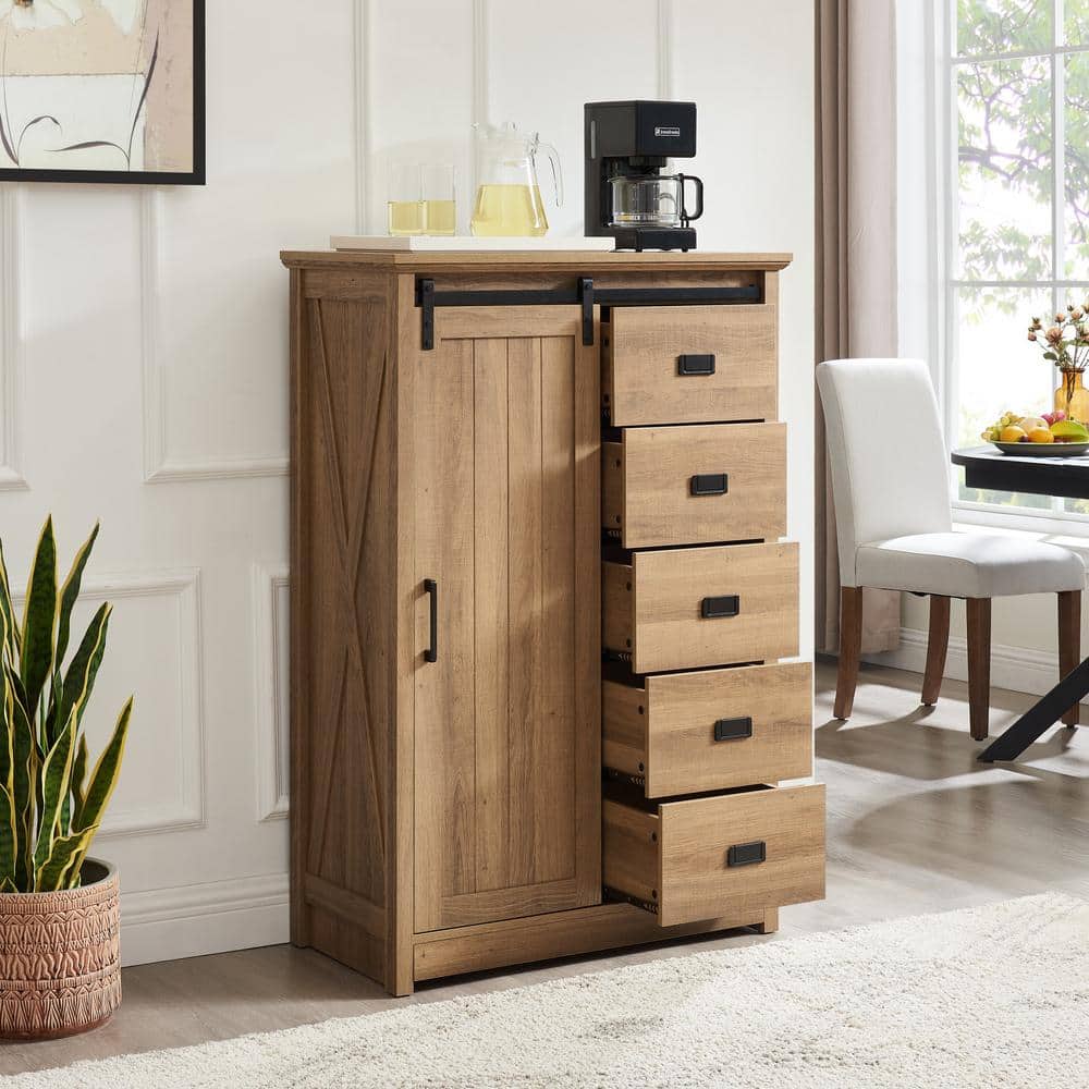 Oak 5 Drawer 31.5 in. Wide Chest of Drawers w/Sliding Barn Door Modern Tall