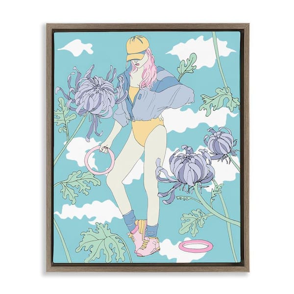 Stupell Industries Exercise Girl with Clouds by Melissa Wang Brown Floater Frame People Graphic Art Print 21 in. x 17 in.