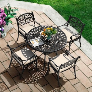 Black with Gold-Painted Edges 5-Piece Cast Aluminum Round Outdoor Dining Set with Beige Cushions and Umbrella Hole