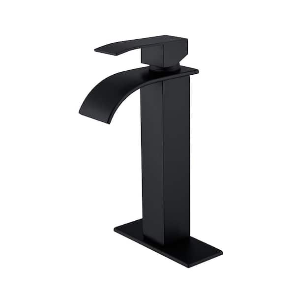 Single Handle Waterfall Vessel Sink Faucet with Deck Plate Included and Water Supply Hoses in Matte Black