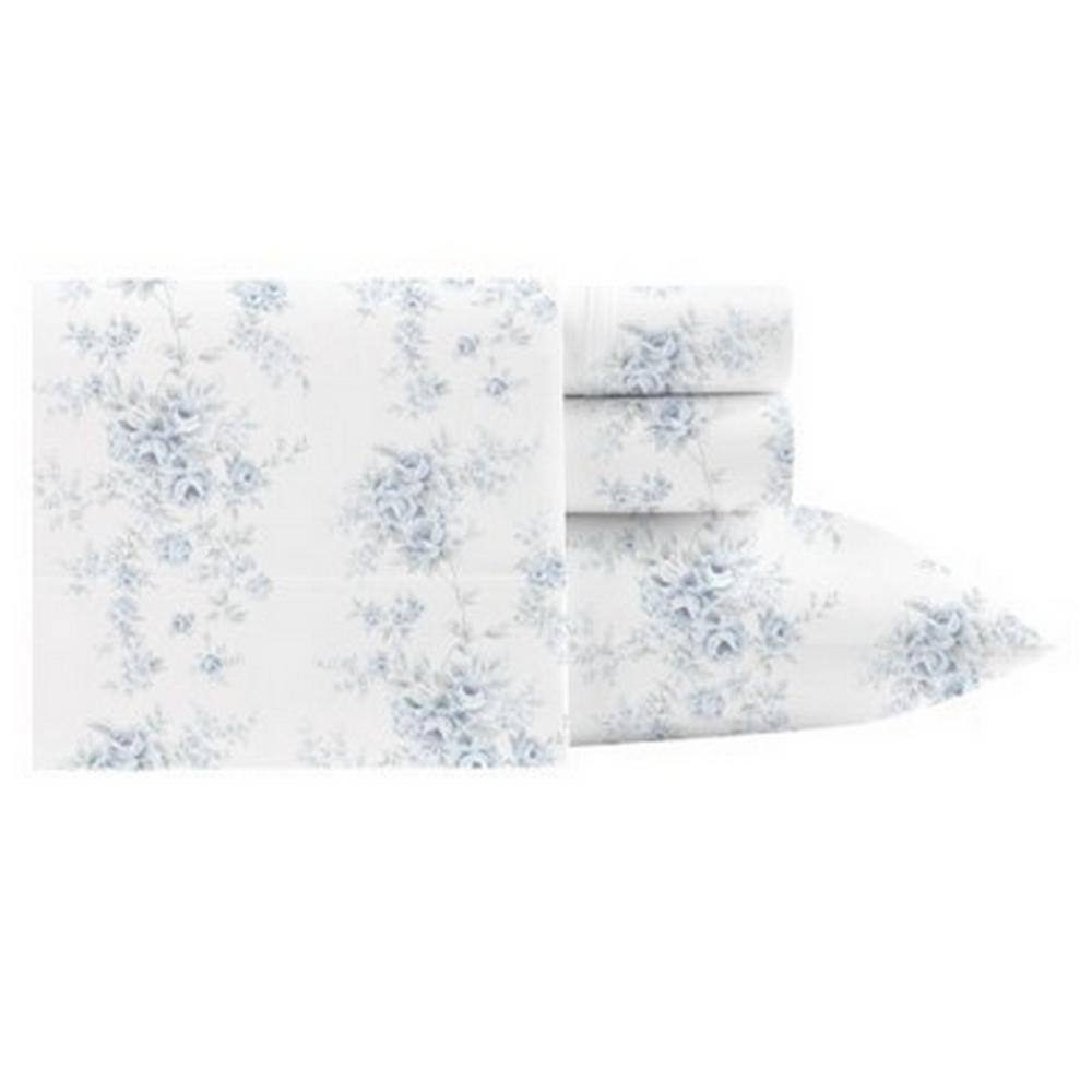 King White and Blue Cotton Floral Percale Sheet Set
