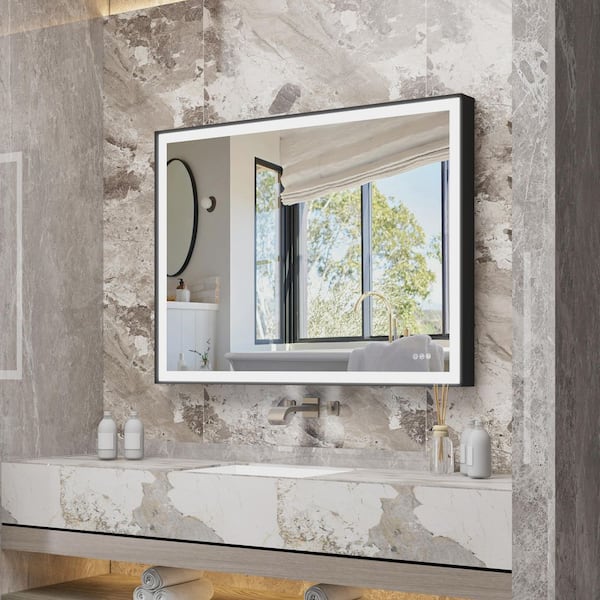 ANGELES HOME 48 in. W x 36 in. H Rectangular Heavy Duty Framed Wall LED Bathroom Vanity Mirror with Light in Black, Defog, Plug