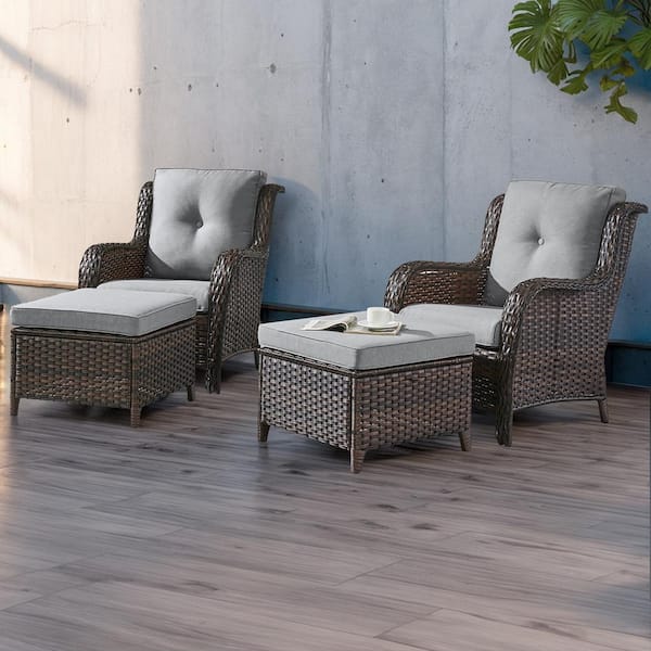 4-Piece Patio Brown Wicker Outdoor Chat Sets with Gray Olefin Cushions and Matching Ottomans