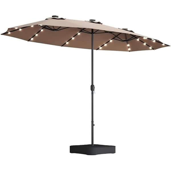 15 ft. Double Sided Outdoor Umbrella Rectangular Large Patio Umbrella with 48 LED Lights, Base and 12 Steel Rib in Taupe