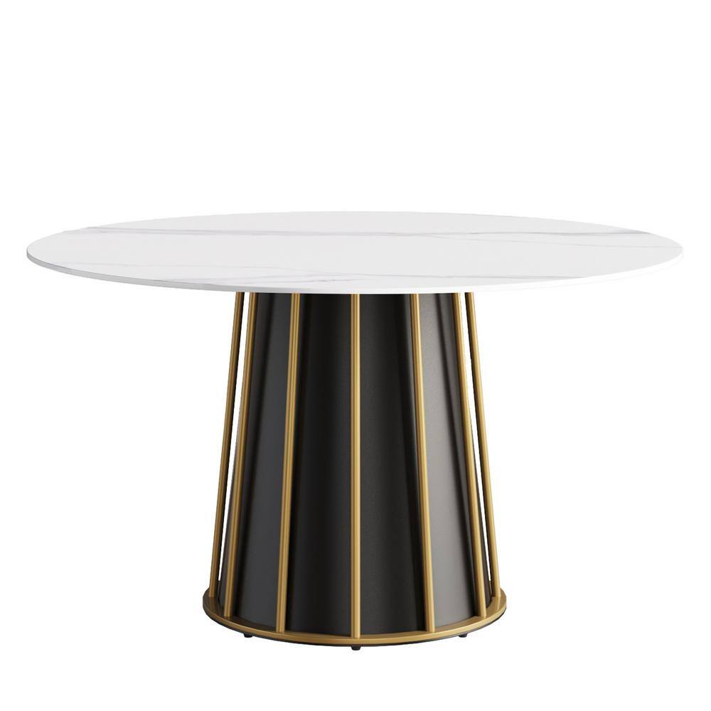 Magic Home 53.15 in. White Sintered Stone Round Tabletop Black Pedestal ...