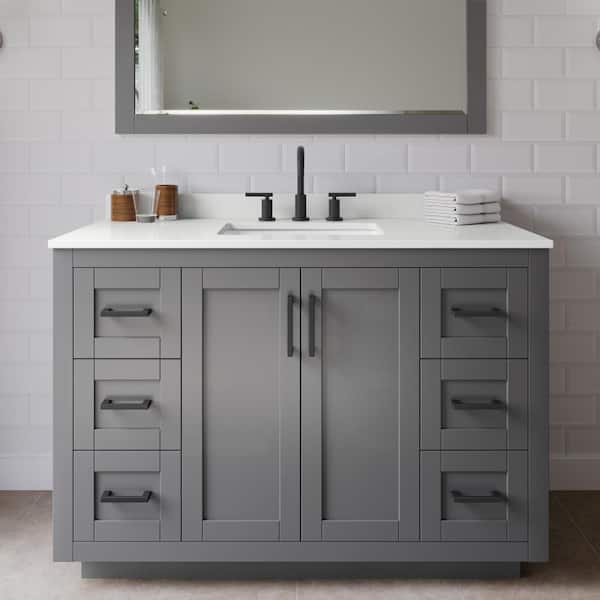 Wyndham Collection Miranda 48 in. W x 22 in. D x 33.75 in. H Single Bath Vanity in Dark Gray with White Quartz Top and 46 in. Mirror