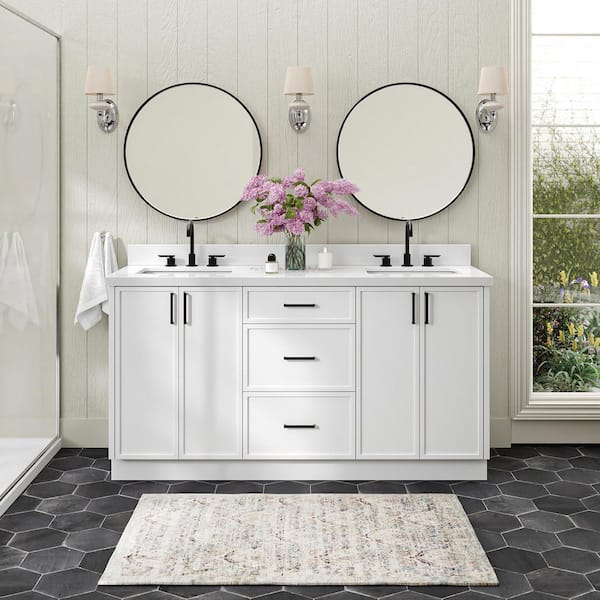 ARIEL Kelly 66 in. Double Sink Freestanding Bathroom Vanity in White with Pure White Quartz Top