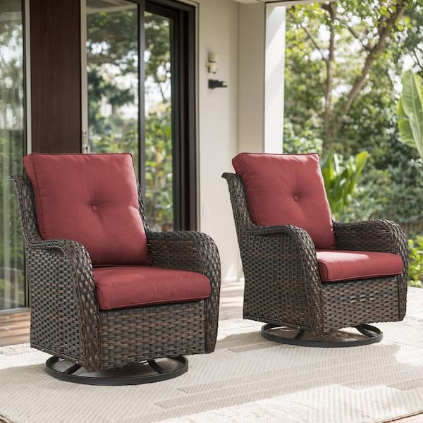 Outdoor Swivel Brown Wicker Outdoor Rocking Chair with CushionGuard Red Cushions Patio (2-Pack)