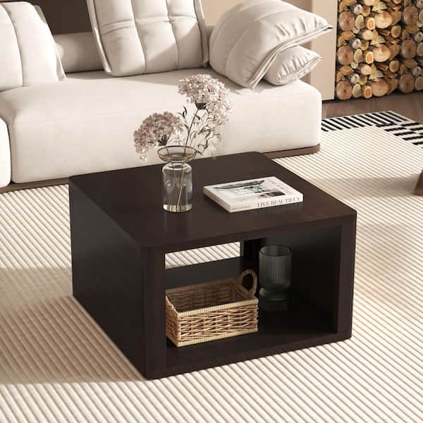 30.8 in. Dark Brown Square Acacia Wood Farmhouse Coffee Table, Minimalist Living Room Center Table w/ 2-Tier Storage