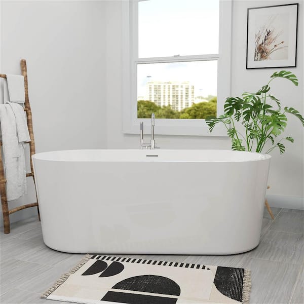 Mokleba 65 in. x 28 in. Acrylic Rectangular Flatbottom Non-Whirlpool Soaking Freestanding Bathtub Center Drain in White