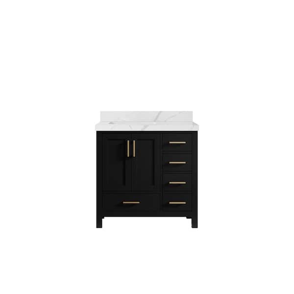 Malibu 36 in. W x 22 in. D x 36 in. H Left Offset Sink Bath Vanity in Black with 2 in. Calacatta Laza Top