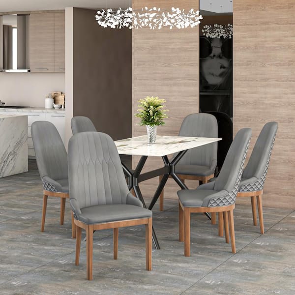 Leisuremod Modern Dining Chair Upholstered Leather with Rubberwood Legs Contemporary Design Verisma Series in Grey