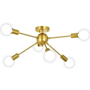 Doloros 6-Light 24.6 in. Gold Dimmable Sputnik Sphere Chandelier Modern Kitchen Semi Flush Mount Ceiling Starburst Light