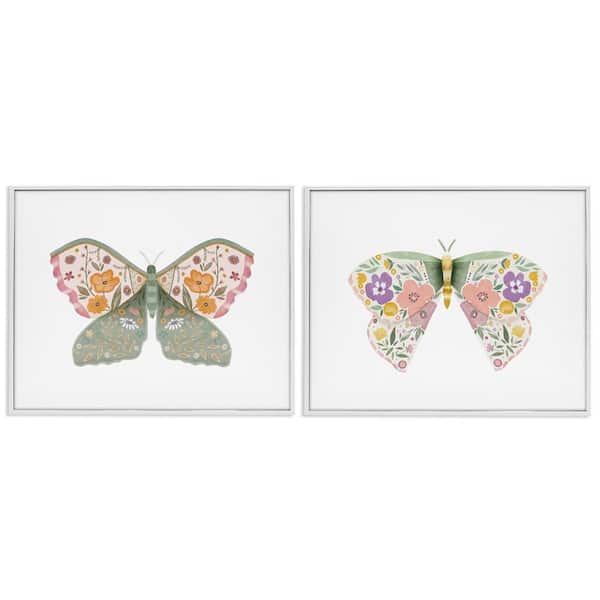 Stupell Industries Folk Florals Butterflies by Kim Allen 2 Pieces White Framed Animal Giclee Art Print 24 in. x 30 in.