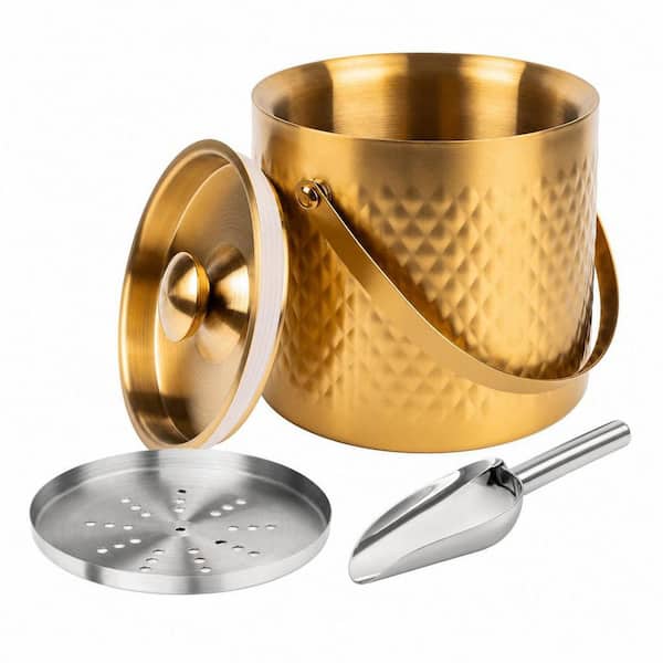 Double Wall Insulated 3L Stainless Steel Gold Ice Bucket with Airtight Lid and Scoop, Bar Cart Accessories