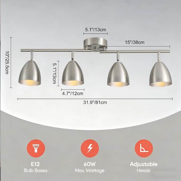 Horizon 3ft 4-Light Nickel Adjust Foldable Track Lighting Kit Semi-Flush Mount with Metal Bell Shades