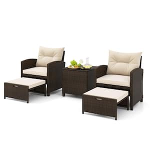 Brown 5-Piece Metal Patio Conversation Set with 2 Ottomans and Tempered Glass Coffee Table and Cushion Off White