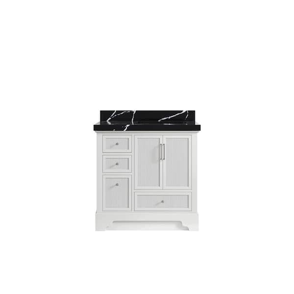 Willow Collections Alys 36 in. W. x 22 in. D x 36 in. H Single Right Offset Sink Bath Vanity in White with 2 in. Calcutta Black Qt. Top