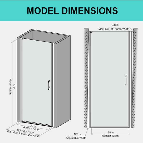 32-33 in. W x 72 in. H Pivot Frameless Shower Door in Chrome Finish with Clear Glass