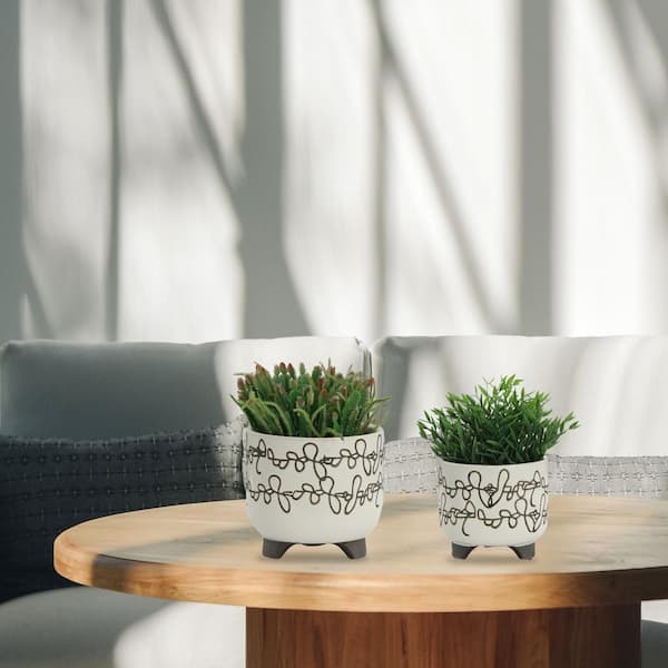 Set of 2 6/8 in. Beige Ceramic Fluted Planters with Frost and Heat Resistant, Modern Indoor/Outdoor Decorative Pots