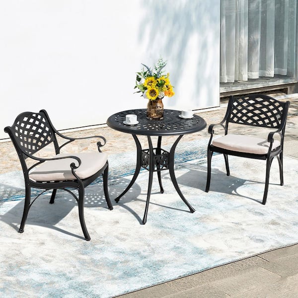 3-Piece Black Cast Aluminum Patio Round Outdoor Bistro Set with Beige Cushions