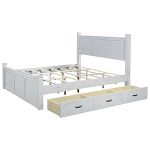 Ancient White Wood Frame King Size Platform Bed with 3 Drawers