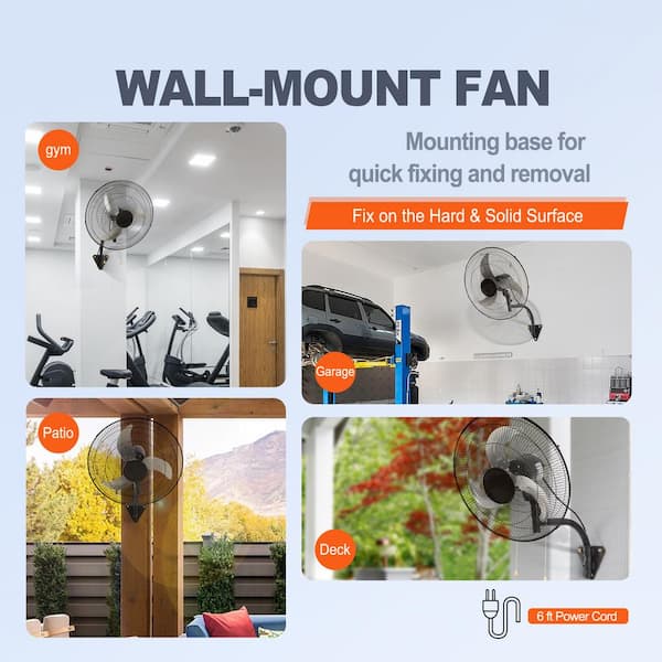 Wall Mount Fan, 20 in. Black 3-speed High Velocity Max. 4,650 CFM Oscillating Industrial Wall Fan, Commercial
