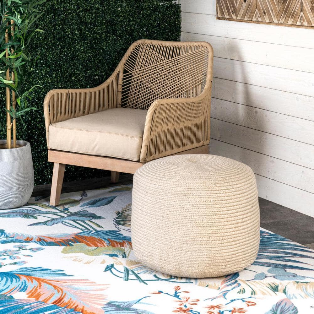 Natural Cable Braided Round Pouf in Cream Polyester