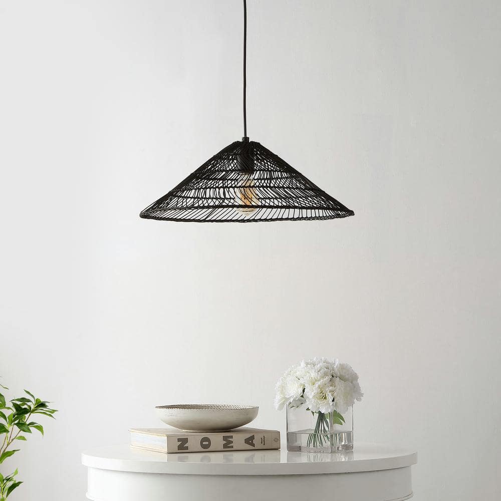 Nova 20.25" Black Rattan Cone LED Pendant with Adjustable Cord