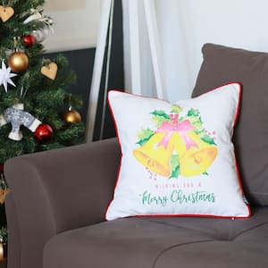 Decorative Christmas Bells Single Throw Pillow Cover 18 in. x 18 in. White & Yellow & Red Square for Couch, Bedding