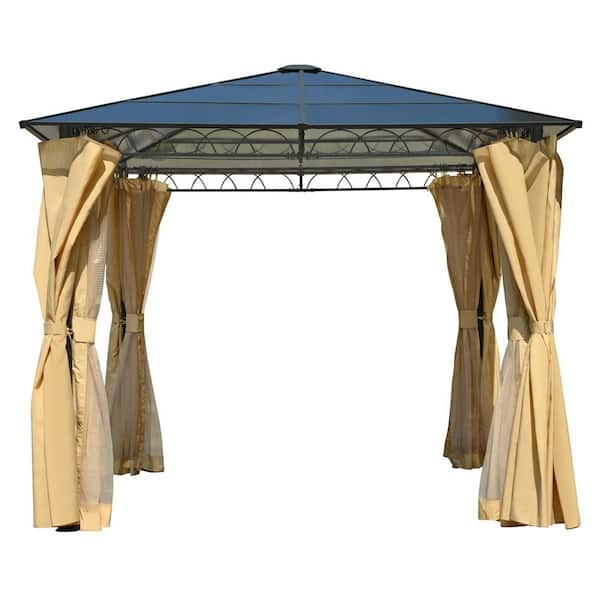 10 ft. x 10 ft. Beige Hardtop Outdoor Gazebo with Polycarbonate Roof, Mosquito Netting, Privacy Screens