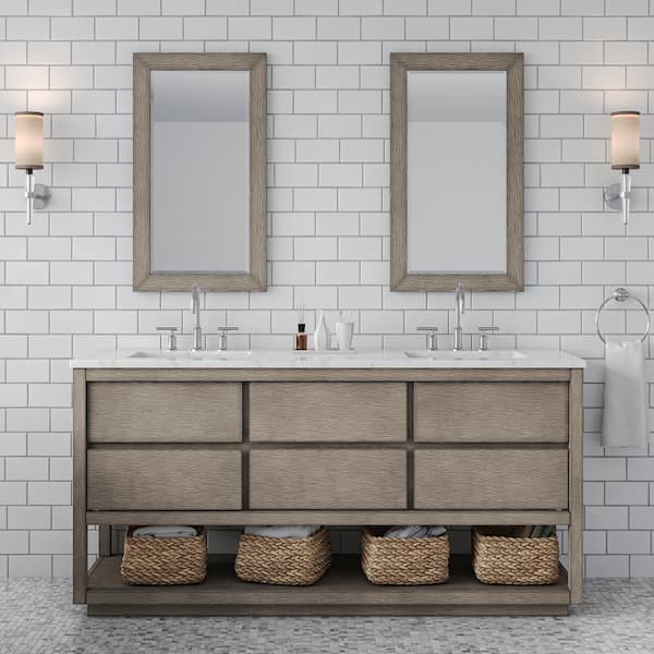 Water Creation Oakman 72 in. W x 22 in. D x 34.7 in. H Double Sink Bath Vanity in Grey Oak with Carrara White Marble Top with Faucet