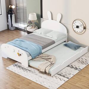 White Wood Frame Twin Size Platform Bed with Cartoon Ears Headboard, Twin Size Trundle, 4-Small Hooks at Footboard