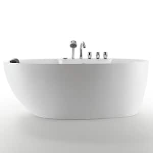 67 in. Center Drain Acrylic Freestanding Flatbottom Whirlpool Bathtub in White with Faucet - Water Jets