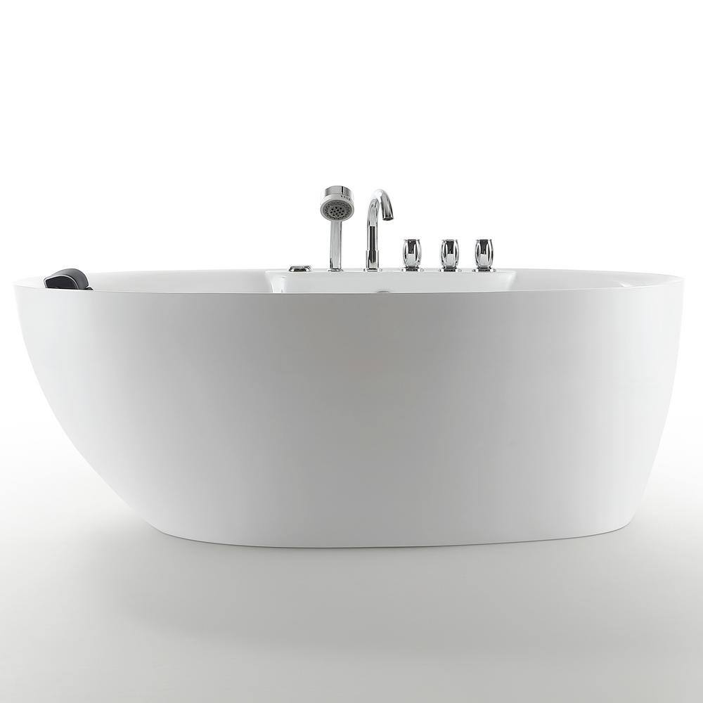59" White Acrylic Freestanding Whirlpool Bathtub with Faucet