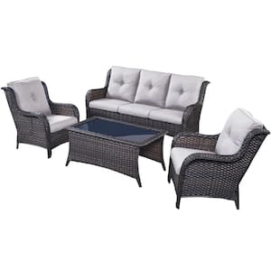 4-Piece Wicker Outdoor Patio Seating Conversation Set Sectional Sofa Glass Coffee Table with Beige Cushions