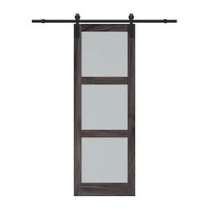 30 in. x 84 in. 3 Lite Tempered Frosted Glass Dark Brown Finished Composite MDF Sliding Barn Door with Hardware Kit