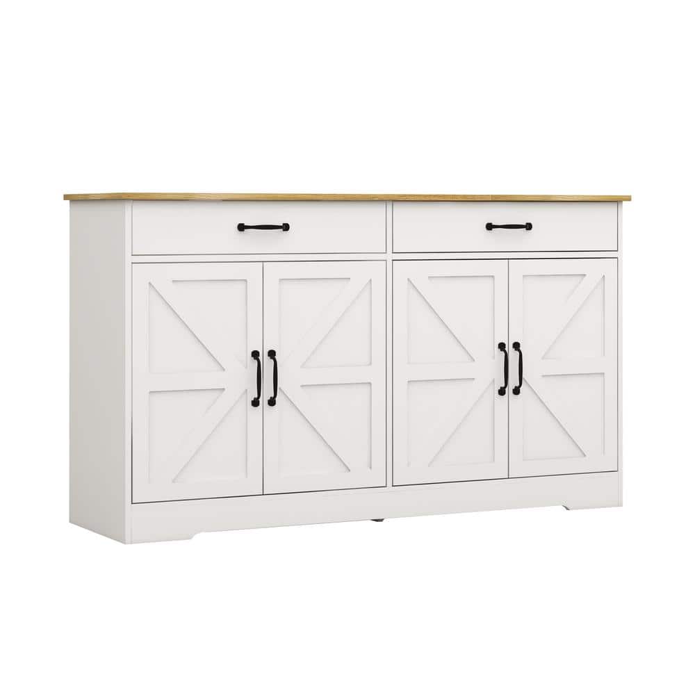White MDF 55.91 in. Sideboard Dining Table with X-panel Design Doors