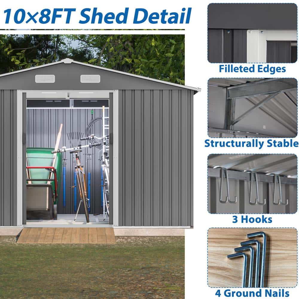 10' x 8' Gray Metal Outdoor Storage Shed with Double Doors
