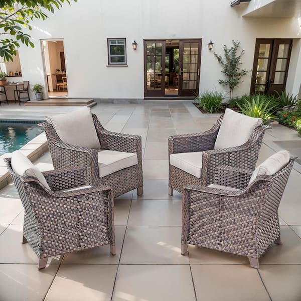 Brown Wicker Outdoor Lounge Chair, All-Weather Wicker Armchair with Beige Cushions for Patio or Backyard Porch (4-Pack)