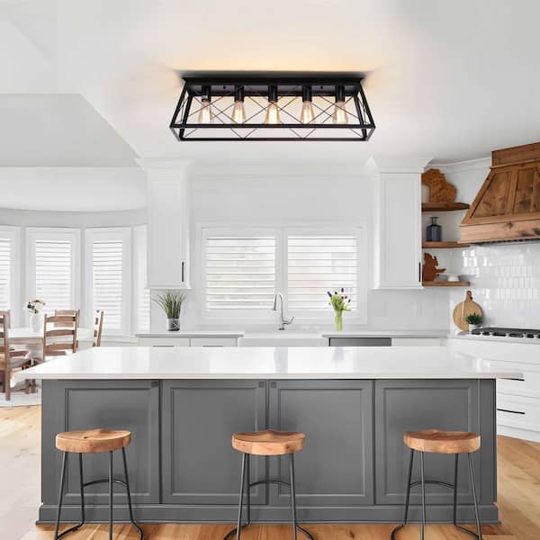 TinHon 31.5 in. 5-Light Matte Black Industrial Flush Mount Ceiling