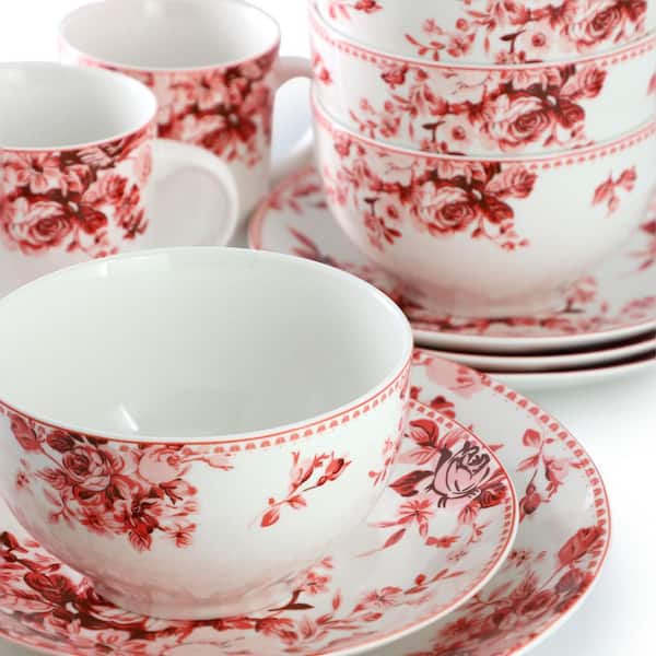 Elama Traditional Rose 16 Piece Red Stoneware Dinnerware Set