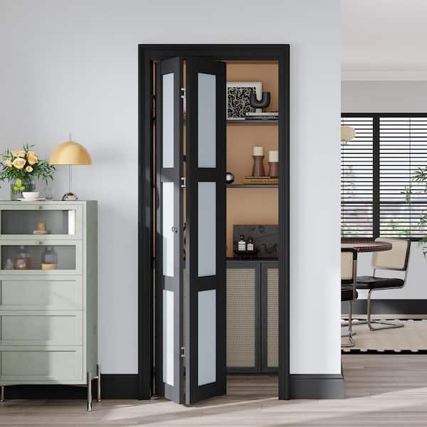 32 in. x 80 in. 3-Lite Frosted Glass Black Finished Solid Core MDF Bi-fold Door with Hardware Kit
